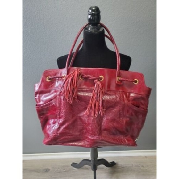 Charles David Red Alligator Leather Hobo Bag Purse Travel Overnight Drawstring - Picture 2 of 16